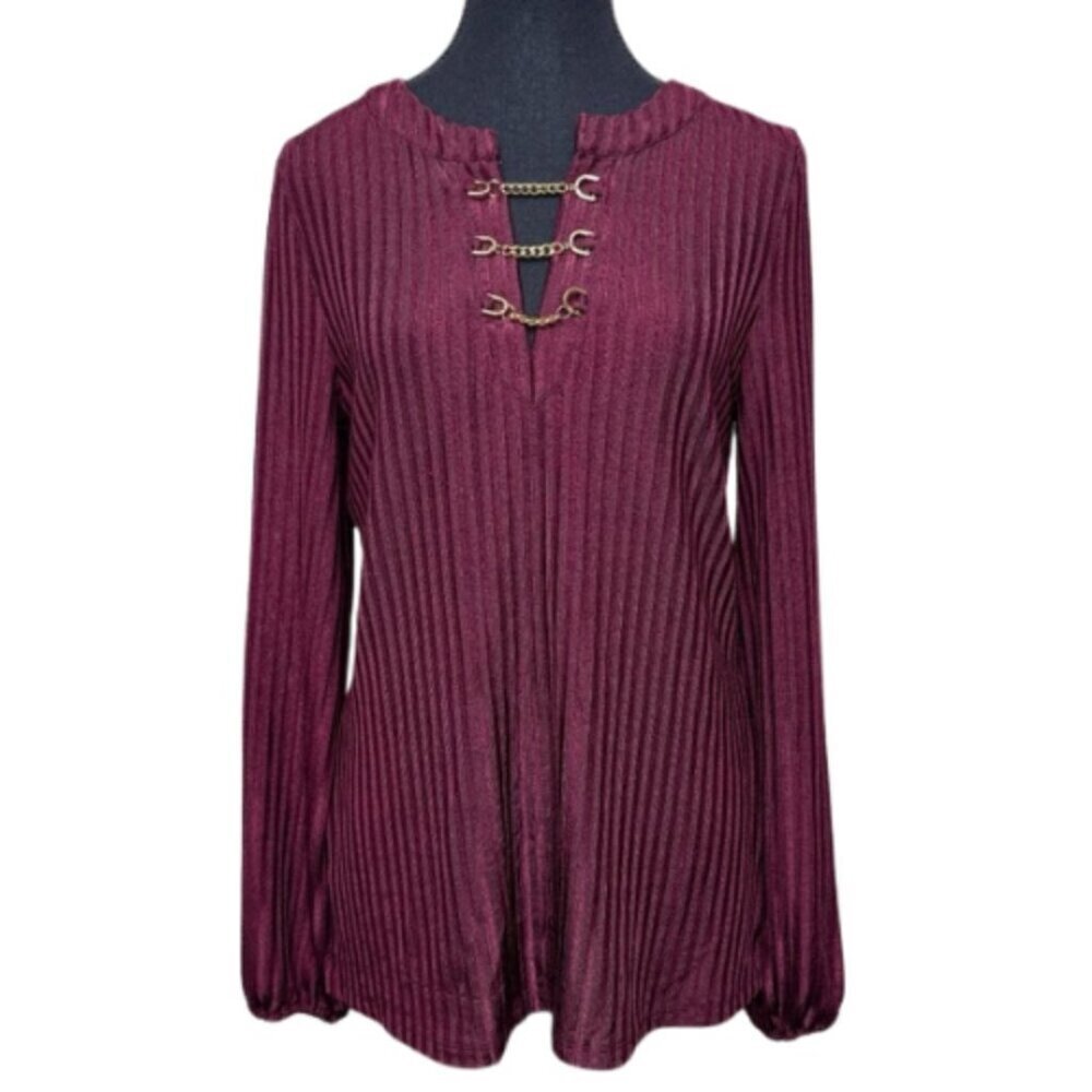 MICHAEL Michael Kors Womens Medium Chain Ribbed Relaxed Burgundy Pullover